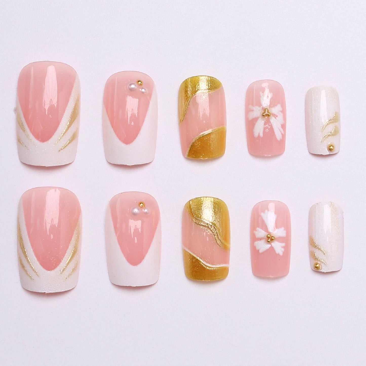 French Tip Press on Nails Medium Square Fake Nails with White Pearl Flower Designs Glossy Nails Press ons Pink Full Cover Glue on Nails Summer Acrylic Artificial Stick on Nails for Women 24Pcs