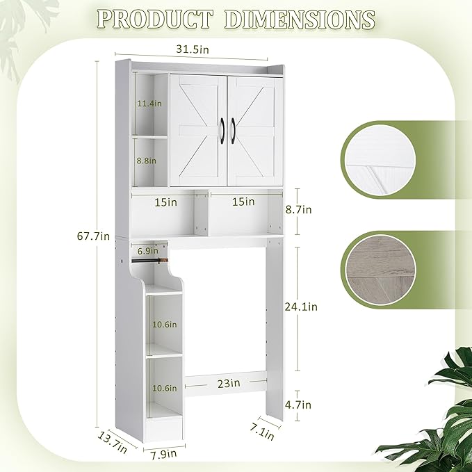 Over The Toilet Storage Cabinet with Barn Doors, Rustic Bathroom Organizer, Space-Saving Shelf for Laundry, White