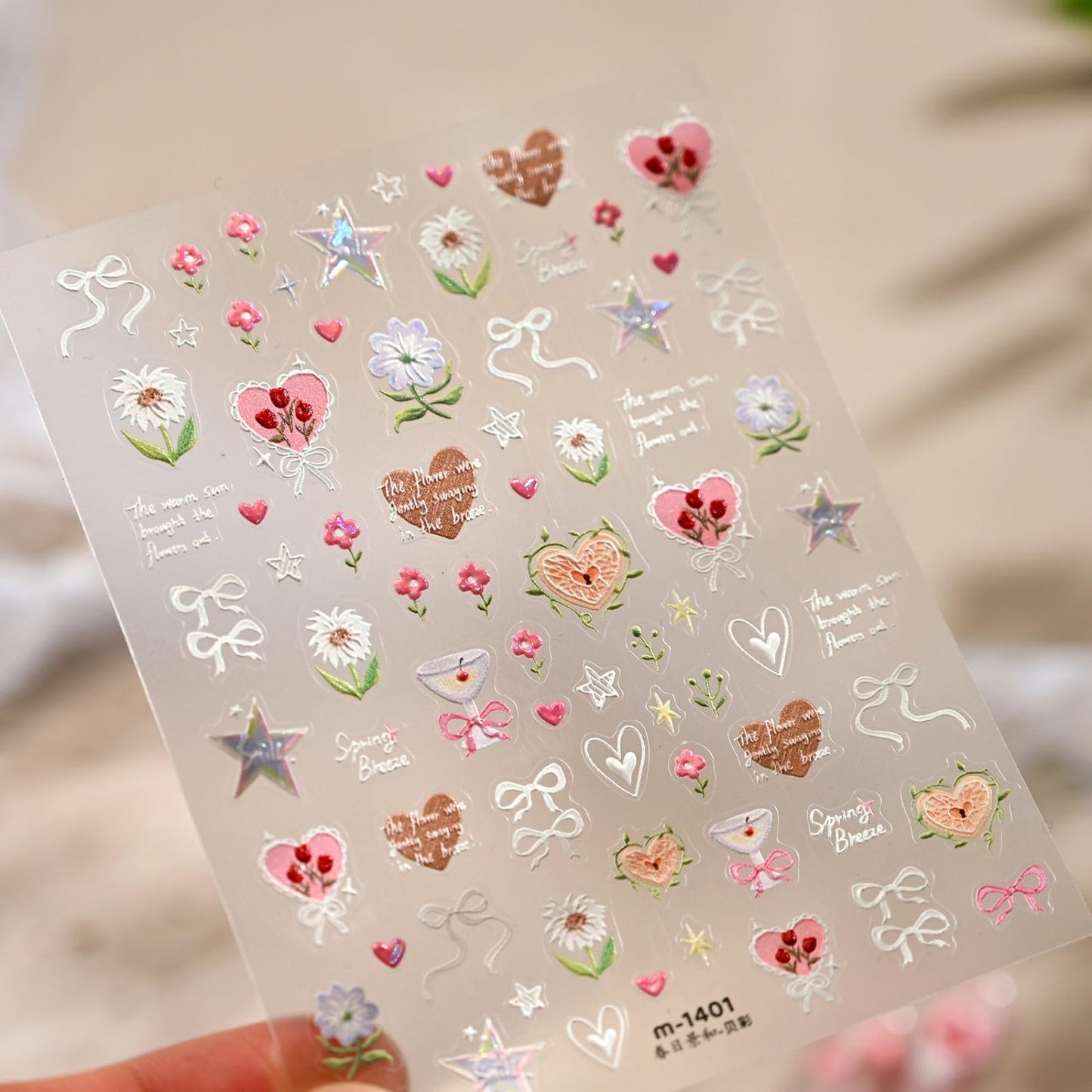 Flower Nail Stickers Decals Heart Nail Stickers for Nails Art 5D Embossed with Design Self Adhesive Spring Summer Nails Decals for Women Manicure Decoration Accessories