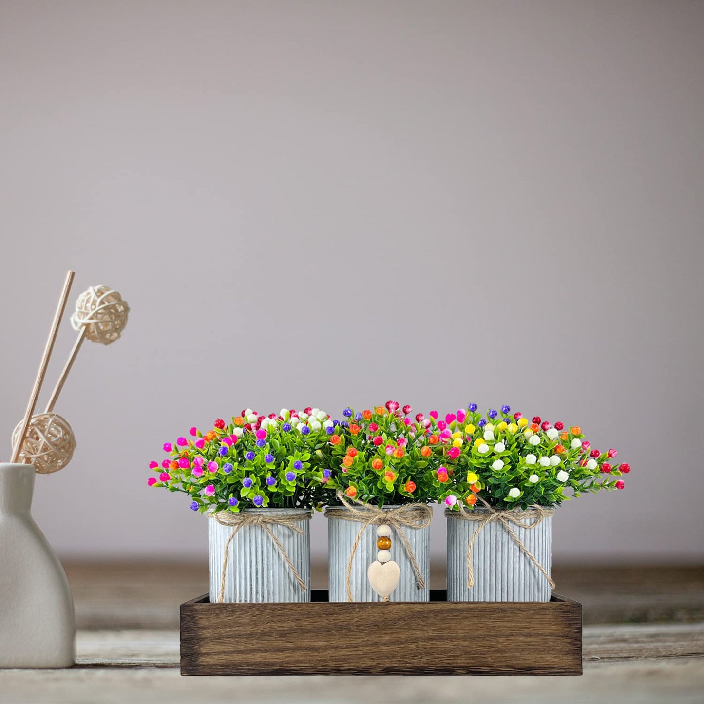 HEMYLU Table Centerpiece Decoration Artificial Flower Set with 3 Fake Milan Bouquet and Wood Tray for Desk Home Bathroom Office Décor