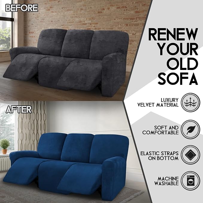 ULTICOR Velvet 8-Pieces Recliner Sofa Covers Stretch Reclining Couch Covers for 3 Cushion Reclining Sofa Slipcovers Furniture Covers Thick Soft Washable (3 Seater Recliner Cover, Navy)