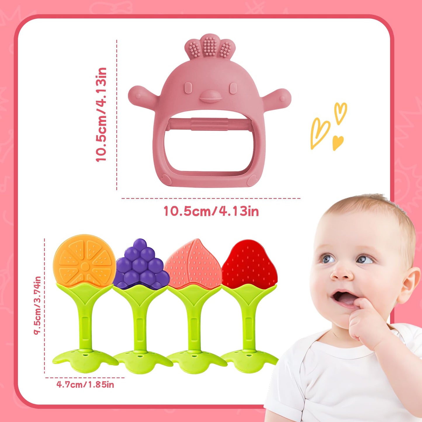 Tinabless Baby Teething Toys 5 Pack, Food Grade Silicone Teething Mitten & Teethers for Babies 3-12 Months, BPA-Free Infant Chew Toys for Teething Relief, Easy-Grip, Freezer Safe, Coral Red
