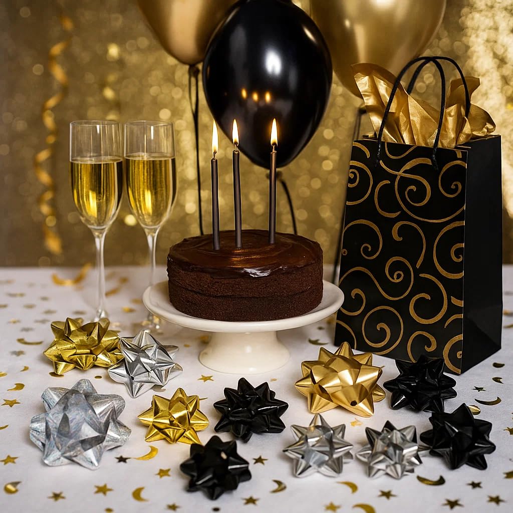 CHOIEO 27 PCS Luxury Gift Bows and Curling Ribbon Set - Large Assorted Self-Adhesive Bows & Gift Wrap Ribbons in Metallic & Glitter Finishes Party Decoration (Black & Gold)