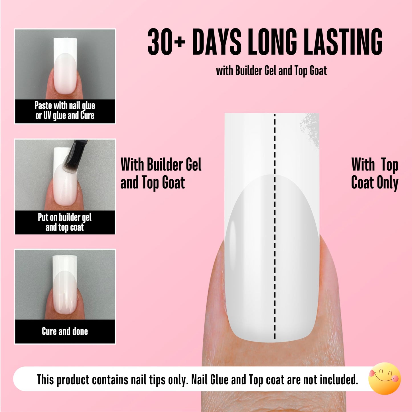 NOVO OVO Medium Square French Tip Nail Tips, Extra Thick Soft Gel Tips Full Cover, 180Pcs Milky White Pre-Etched False Nails (Need Builder Glue Gel & Top Coat), 15 Sizes Press on Nail Extension Kit