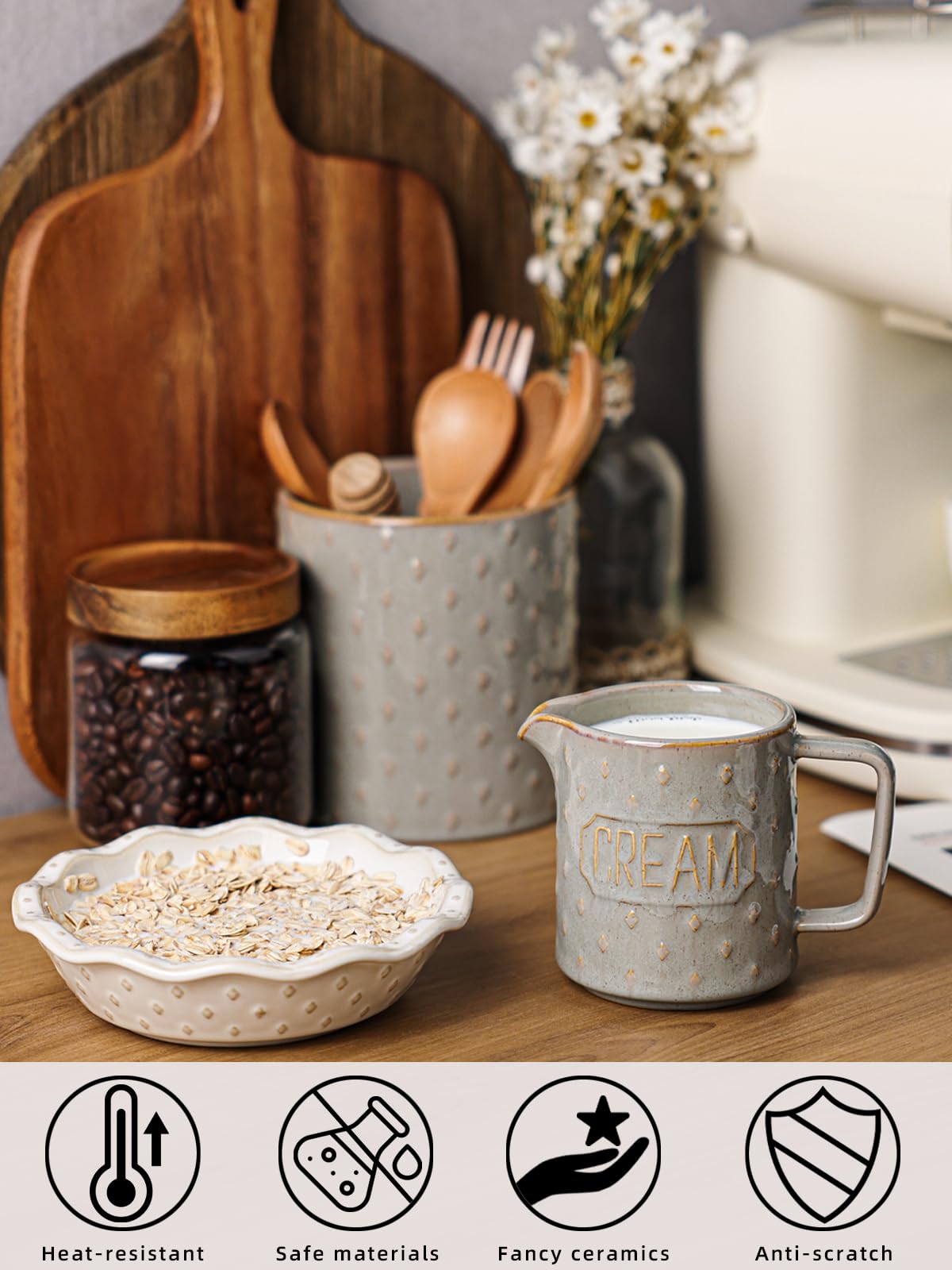 QUXIJA 9 OZ Creamer Pitcher, Ceramic Creamer with Handle, Small Milk Pitcher Cup for Coffee, Sauces, Salad, Microwave & Dishwasher Safe (Vintage Grey)