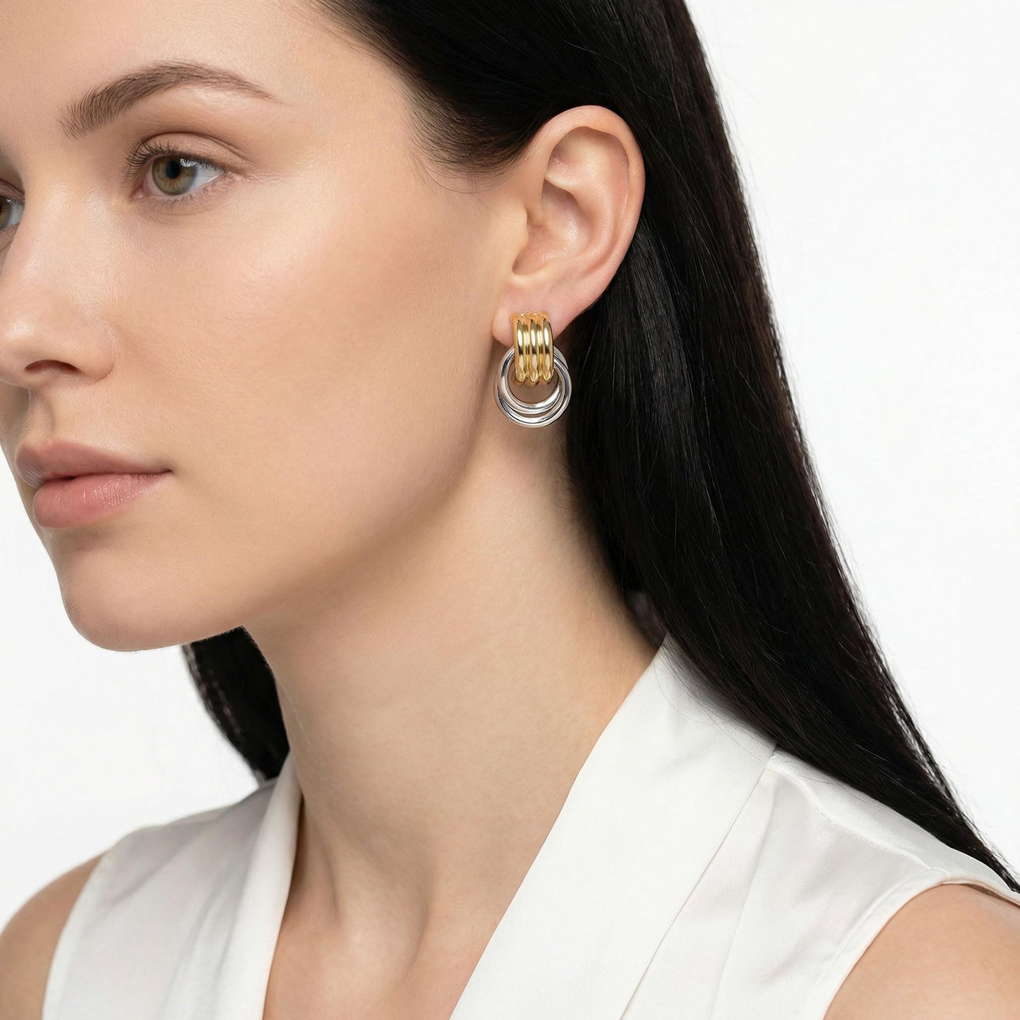 Gold Silver Earrings for Women, Mixed Metal Knot Earring, Two Tone Drop Dangle Earring, Chunky Gold Knotted Link Earring Jewelry