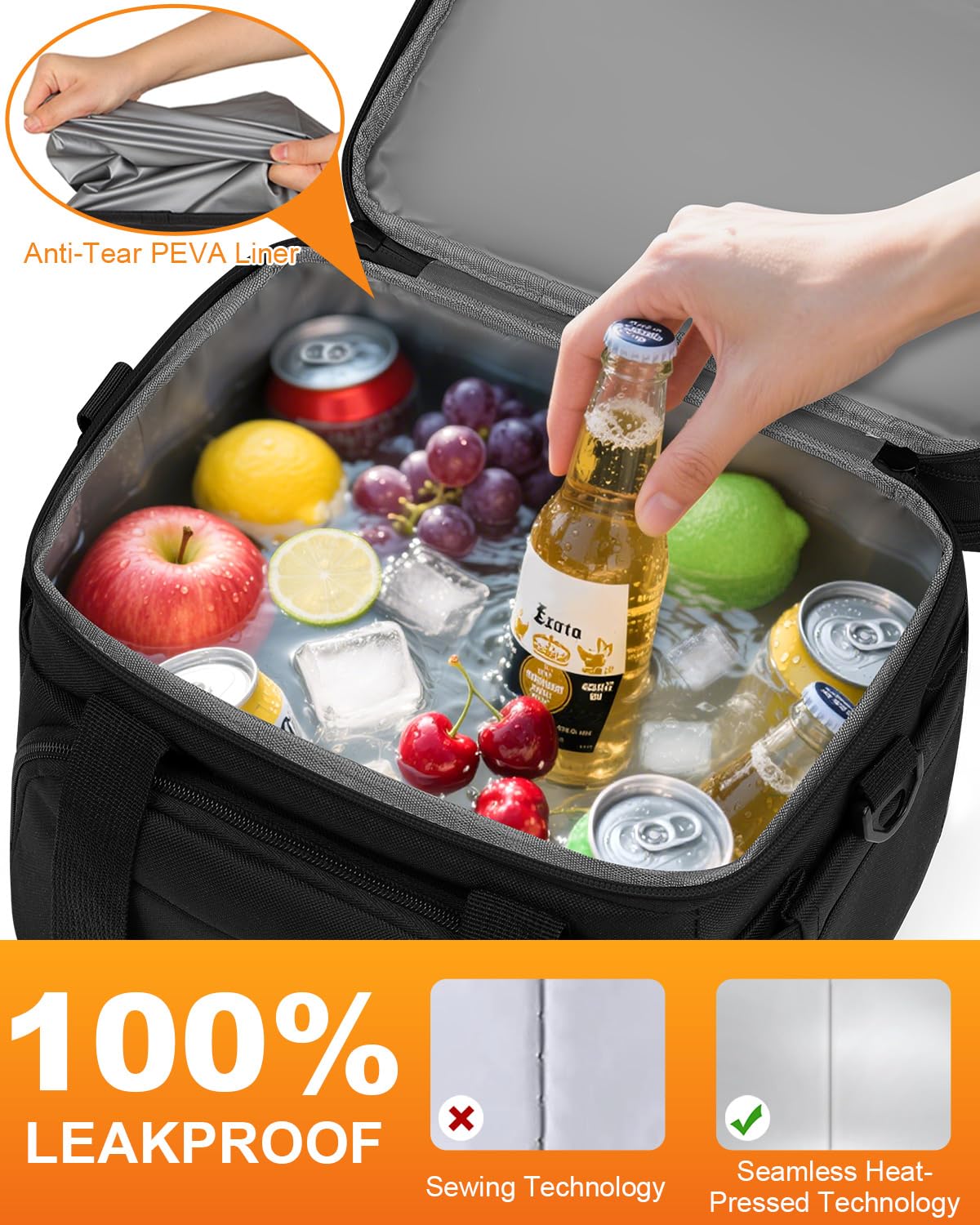 Pritent Lunch Box For Men Women Double Deck Insulated Lunch Bag For Men Woman Leakproof Expandable Cooler Bag with Adjustable Shoulder Strap for Work Picnic School(Black,Medium)