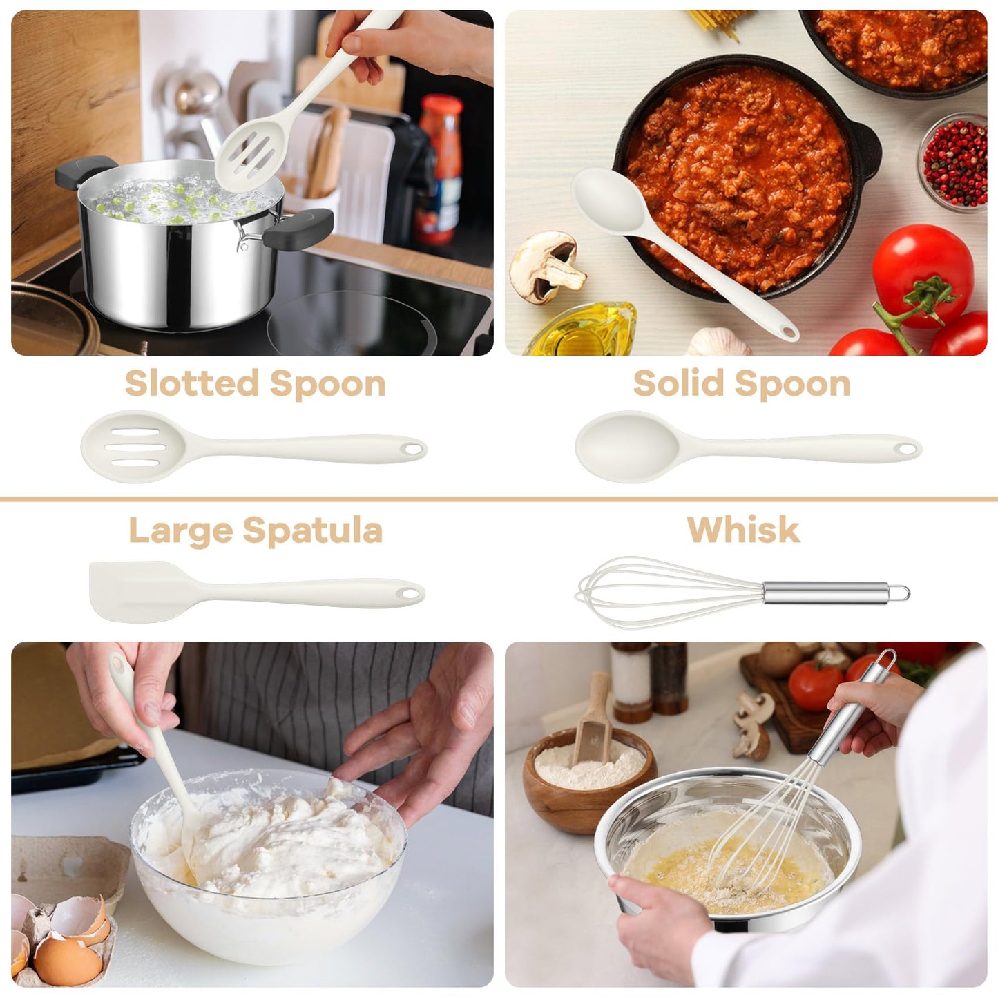 TeamFar 8 PCS Silicone Cooking Utensils - 446°F Heat Resistant Kitchen Silicon Utensils Set, Turner, Spatula, Spoon, Whisk, Kitchen Cooking Gadgets Tools for Nonstick Cookware, Dishwasher Safe-White