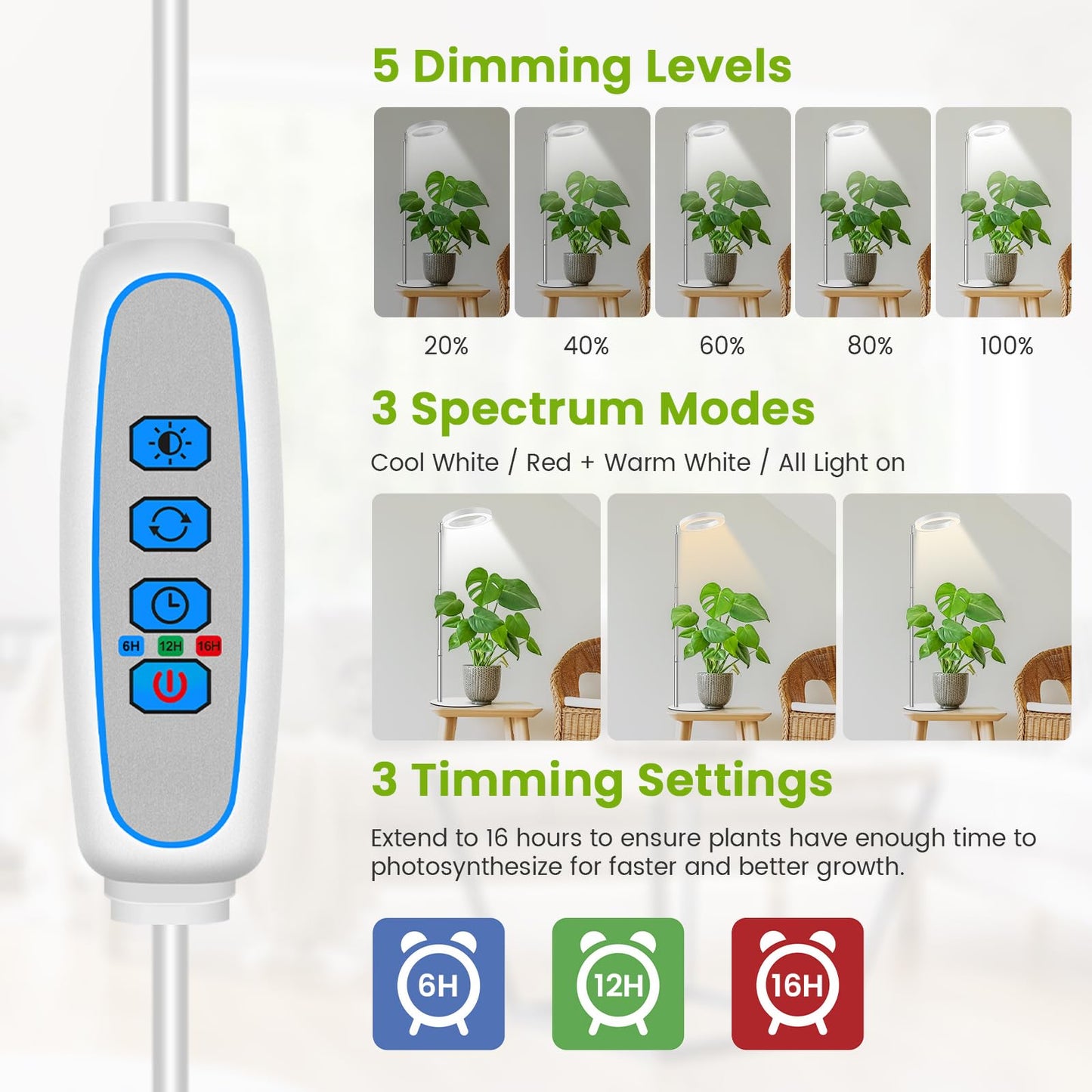 Kullsinss Grow Lights for Indoor Plants, 80 LEDs Full Spectrum Plant Lights for Indoor Growing with 2 Mounting Options, 6/12/16H Timer, 3 Spectrum Modes, 9.8"-37" Height Adjustable Grow Lamp, 2 Pack