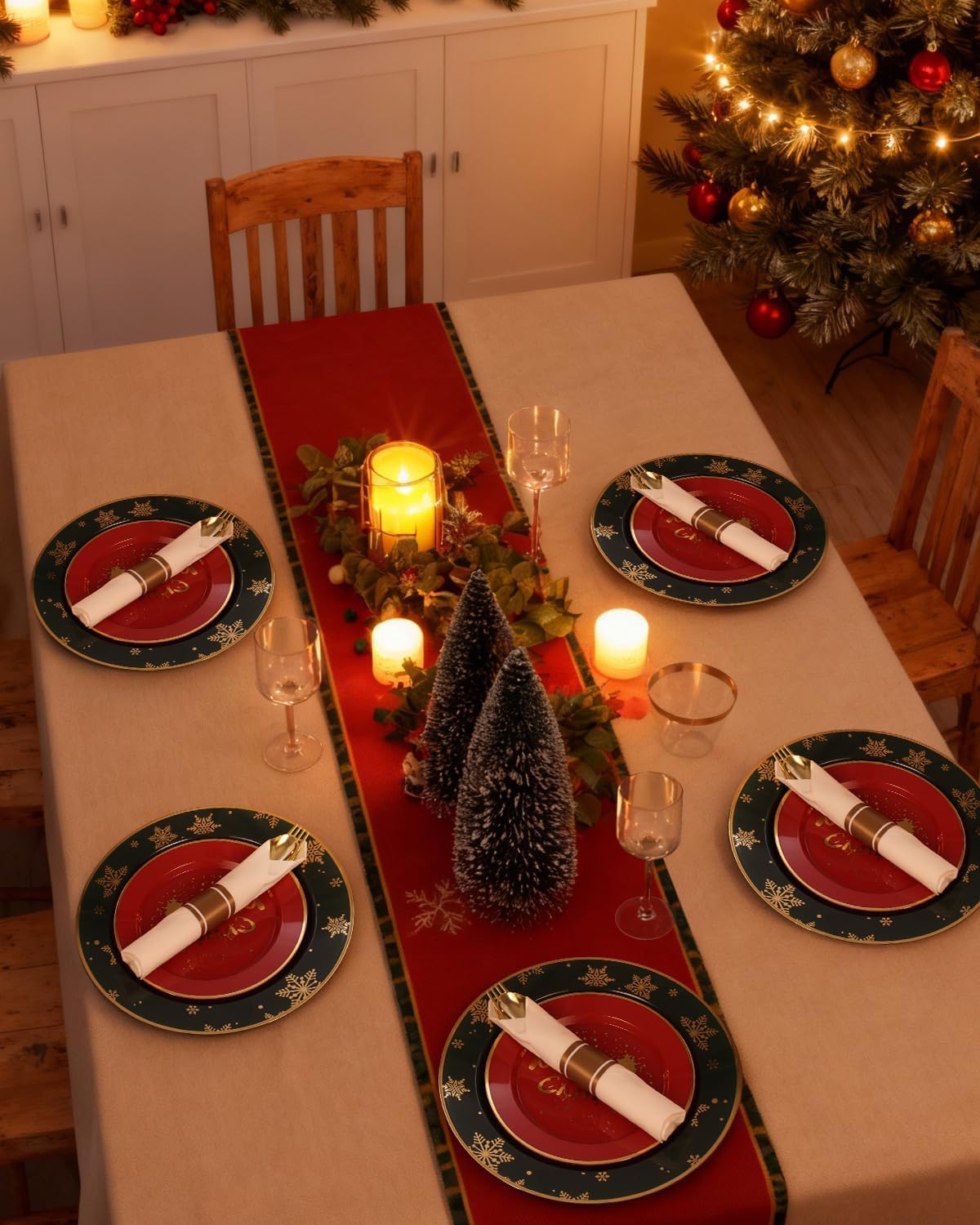 Goodluck 175 Piece Christmas Plates Sets for 25 Guests, Christmas Tableware Disposable for Party, Include 50Plates, 25Pack Pre Rolled Napkins with Silverware, 25Cups for Party, Wedding, Graduation