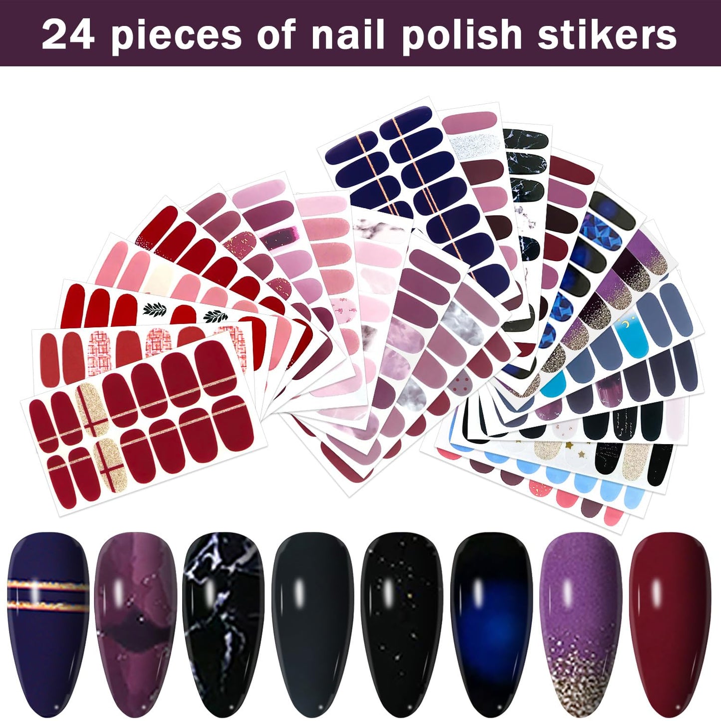 YECIRALA 24 Sheets 336 Pcs Multiple Designs Nail Polish Strips for Women Girls Nails - Gradient and Solid Nail Polish Stickers Full Nail Wraps Stick On Nails Self Adhesive Gel Nail Strips Stickers