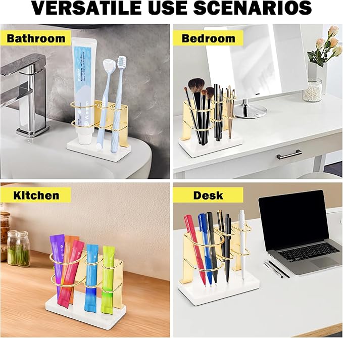 Toothbrush Holder for Bathroom Counter, Metal Toothbrush and Toothpaste Holder Stand with Marble Base for Bath Organizer Countertop, 3 Slots (Gold)