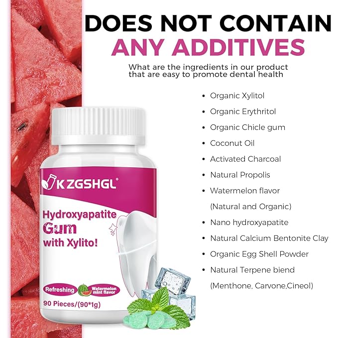 Hydroxyapatite Gum, 90 Pieces, Good for Teeth Remineralization, Sugar-Free Watermelon Chewing Gum with Xylitol, Two pills after meals to freshen breath and clean teeth