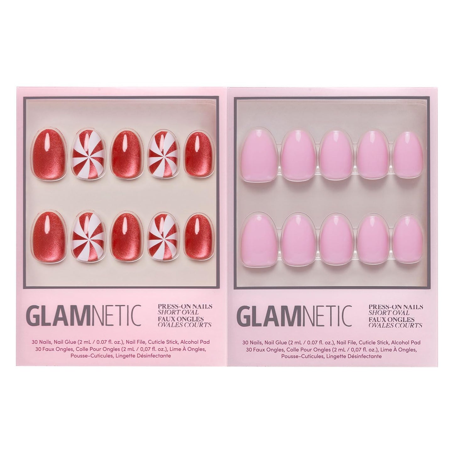 Glamnetic Press-On Nails Bundle - Candy Crush, Snow Bunny & Pink Comet | Short Oval Fake Nails with Candy Cane Swirl Design and Velvet Finish | Pale Blue Short Almond Fake Nails with French Tips & 3D