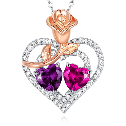 AGVANA February October Birthstone Jewelry Amethyst Pink Tourmaline Necklace Sterling Silver Rose Flower Heart Double Birthstone Pendant Necklace Anniversary Birthday Gifts for Women Mom Wife