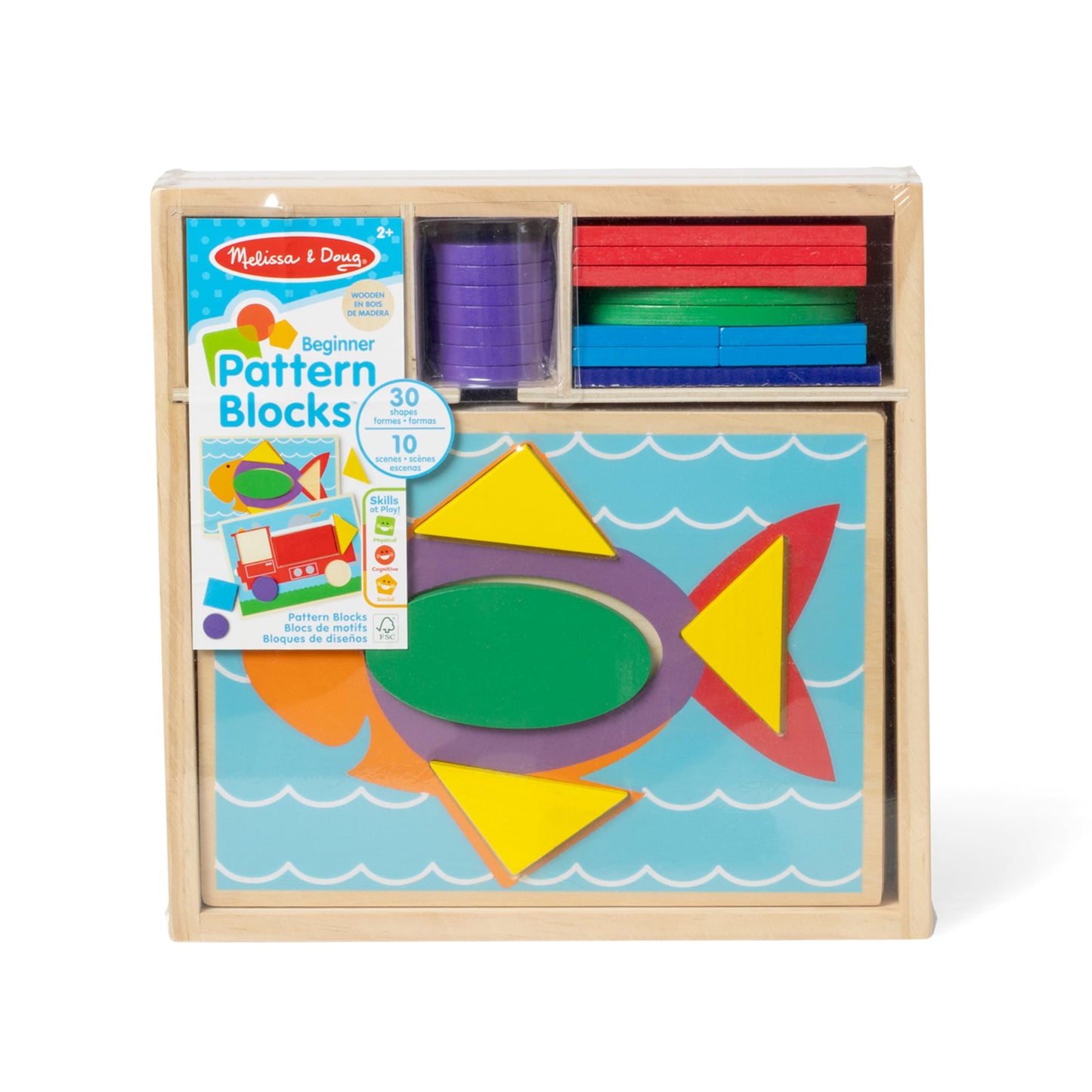 Melissa & Doug Beginner Wooden Pattern Blocks Educational Toy with 5 Double-Sided Scenes and 30 Shapes Puzzles for Kids 3+