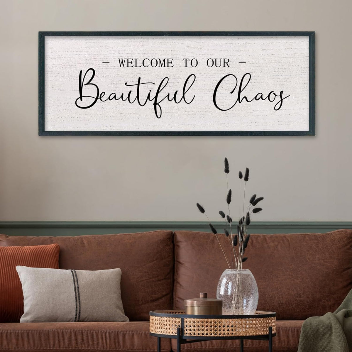 comurdyo Welcome To Our Beautiful Chaos Wall Decor Art 40"X15" for Home Entryway Sign Large Wood Framed Wall Hanging (Black)
