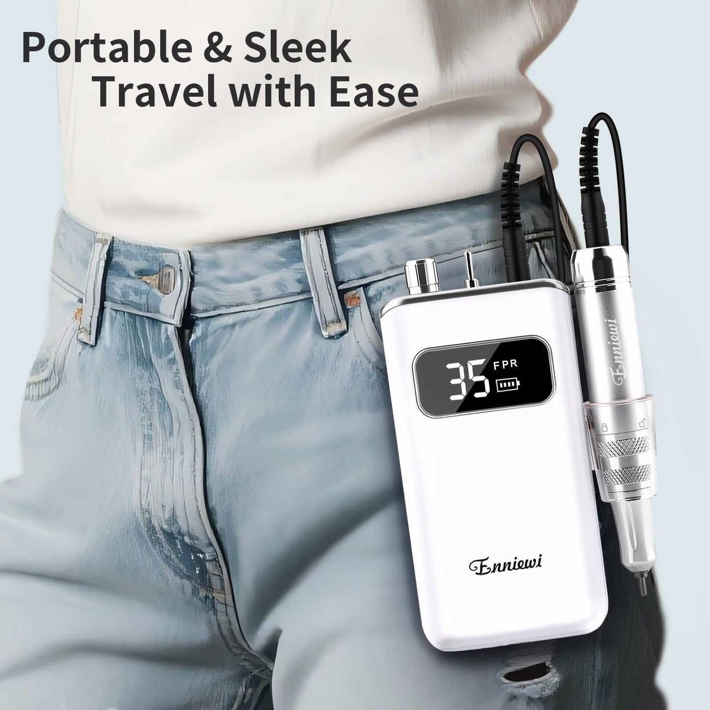 Enniewi Electric Nail Drill File, Professional Portable Nails Drills Kit with Rechargeable Base 7 uñas Bits, Cordless Efile for Poly Gel Acrylic Nails Remover Home Salon Pedicure Manicure Tool, White