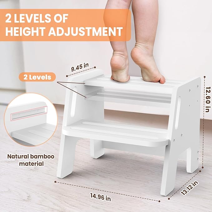 Toddler Step Stool, Wooden Height-Adjustable 2-Step Stool for Kids, Potty Training Stool with Handles for Bathroom Sink, Kitchen, Bedroom-White