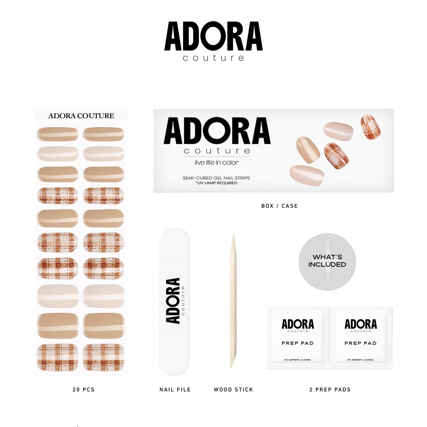 Adora Couture Semi-Cured Gel Nail Strips - 20 Salon-Quality Gel Sticker with UV Light Required, Long Lasting, Easy Application & Removal, Includes Prep Pad, Nail File, Wooden Stick – Cafe Charm