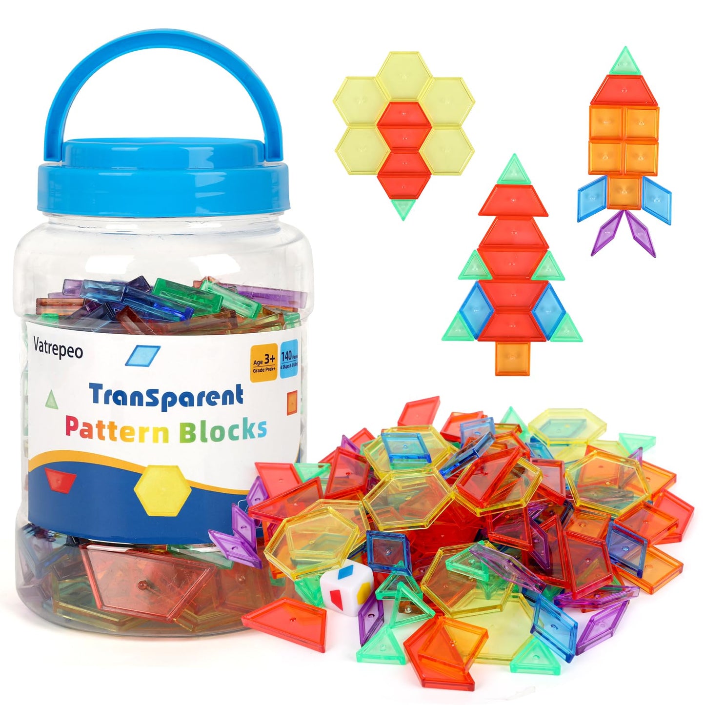 Vatrepeo 140 Pcs Translucent Pattern Blocks for Light Table, 6 Colors & Shapes Educational Light Table Manipulatives and Accessories