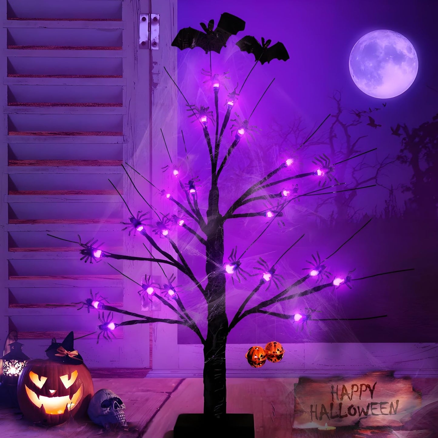 Halloween Decorations Indoor Spider Lights Tree, 2Ft Black Spooky Tree with Spider,Web,Bat and Pumpkin Bell Halloween Tree Decorations,Battery and USB Halloween Black Tree for Home Mantel Easter Decor