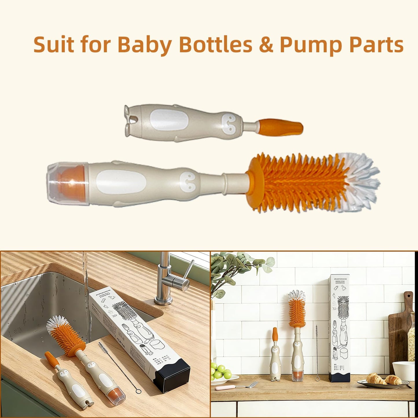 GYHZ Silicone Cleaning Brush Kit with Soap-Dispensing Handle – 5-in-1 Bottle & Crevice Cleaning Brushes, Food-Grade Silicone, Rust-Free, Dishwasher Safe (Blush)