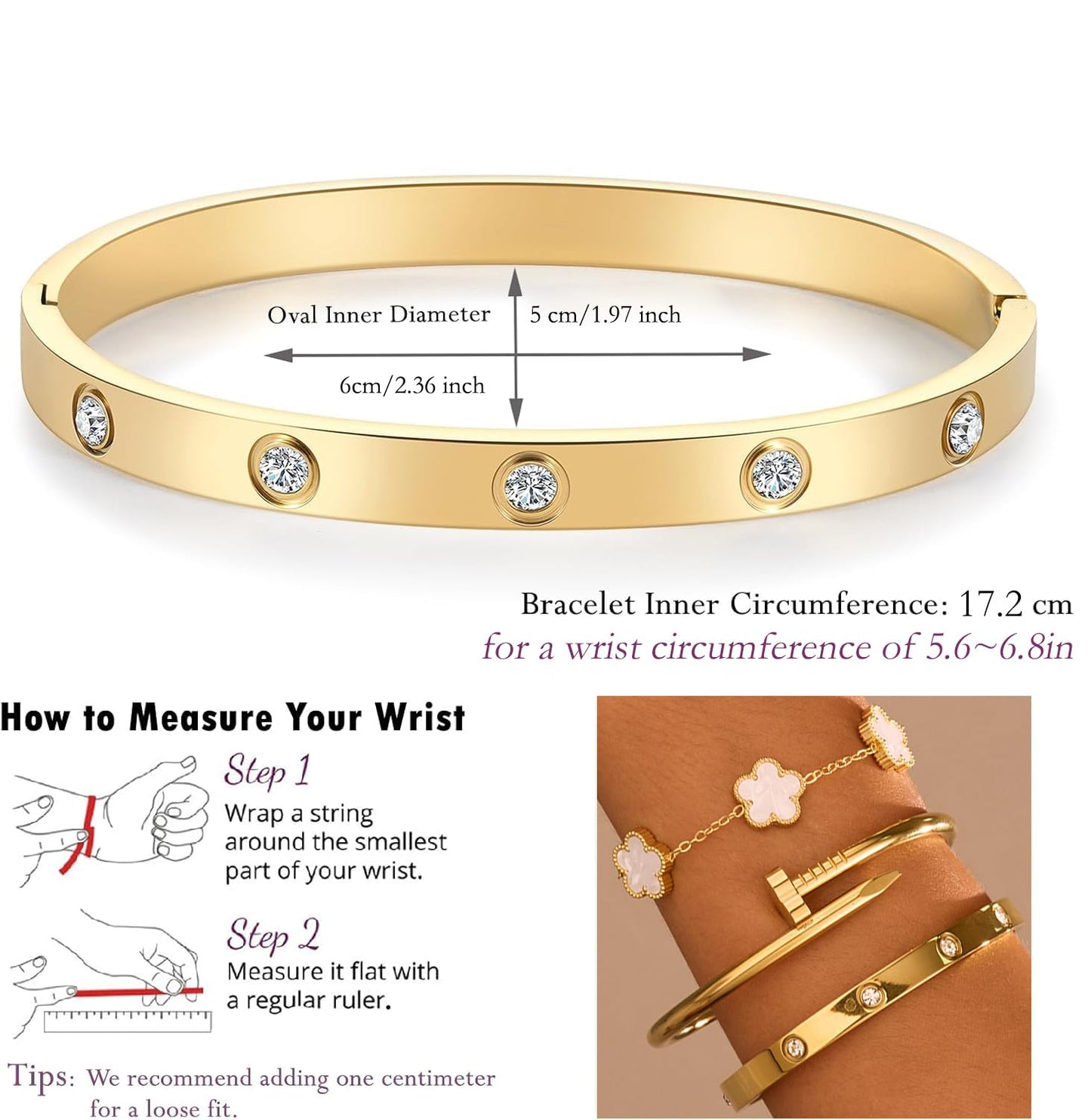 18K Gold Plated Stainless Steel Love Nail Bangle Clover Bracelet Set Stackable Dupes for Love Trendy Jewelry (Gold and White)