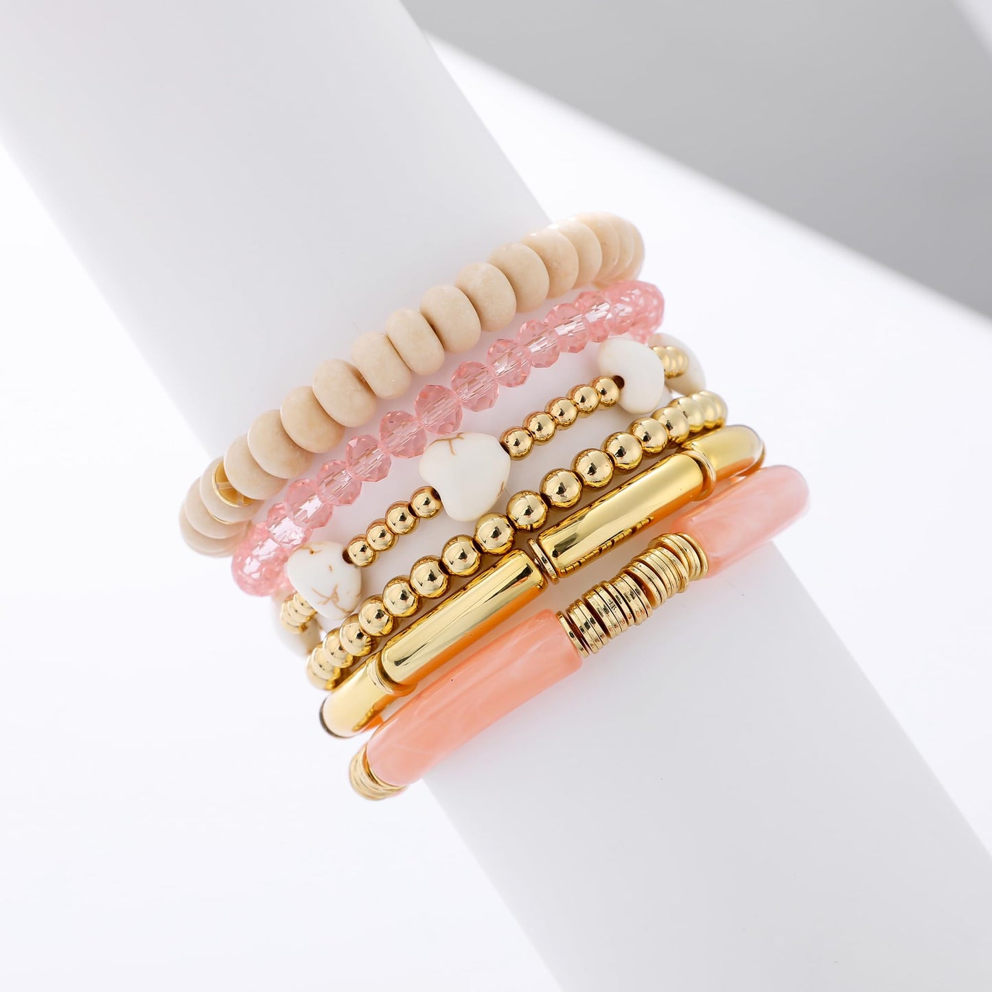 GOOJIDS Simple Beaded Gold Plated Bangles Bracelet Chunky Bamboo Tube Curved Stacking Clear Acrylic Colorful Beads Stretchable Gold Plated Bracelets Set For Women