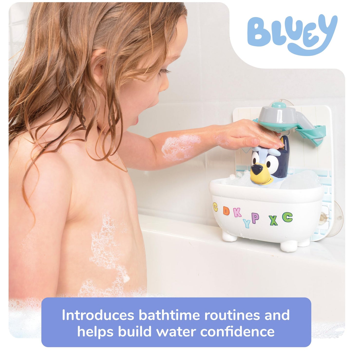 Shower & Scrub Bluey by TOMY Toomies - Create Your Own Bubbles - Includes Rinsing Showerhead and Removable Bluey Toy - Interactive Bath Toys - Ages 18 Months and Up
