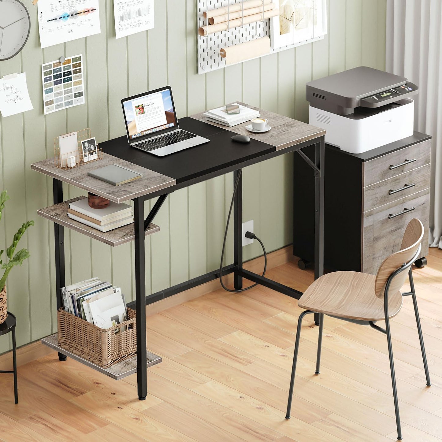 HOOBRO Computer Desk, Home Office Desk with Power Outlet, Writing Desk with 2 Shelves, Modern Small Desk for Home Office, Study, Easy to Assemble, Charcoal Gray and Black BG43UDN01