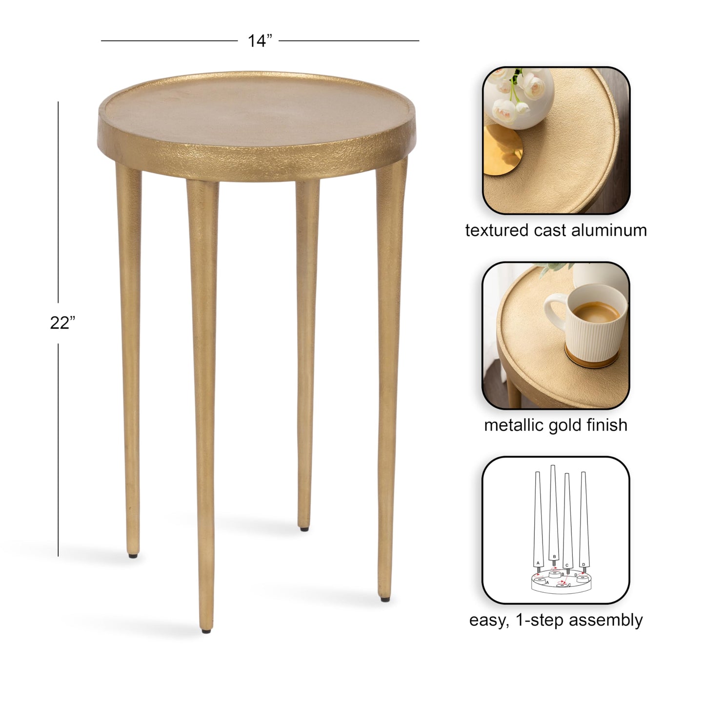 Kate and Laurel Rava Modern Metal Round Side Table, 14 x 14 x 22, Gold, Cast Aluminum Accent Table for Use as Indoor Plant Stand or Living Room Decor Piece