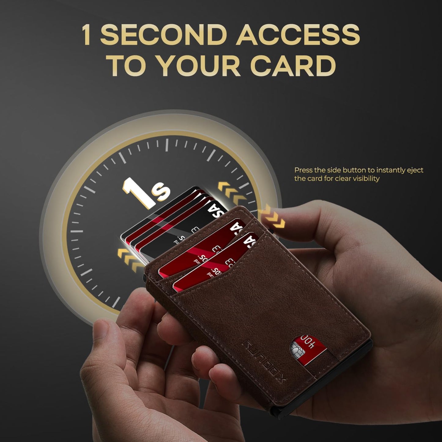 RUNBOX Slim Card Wallet for Men with ID Window – Minimalist RFID Wallet, Pop-Up Function, Ultra Thin Design, Metal Business Card Case Holds 8+ Cards, Gifts for Men, Men's Accessories