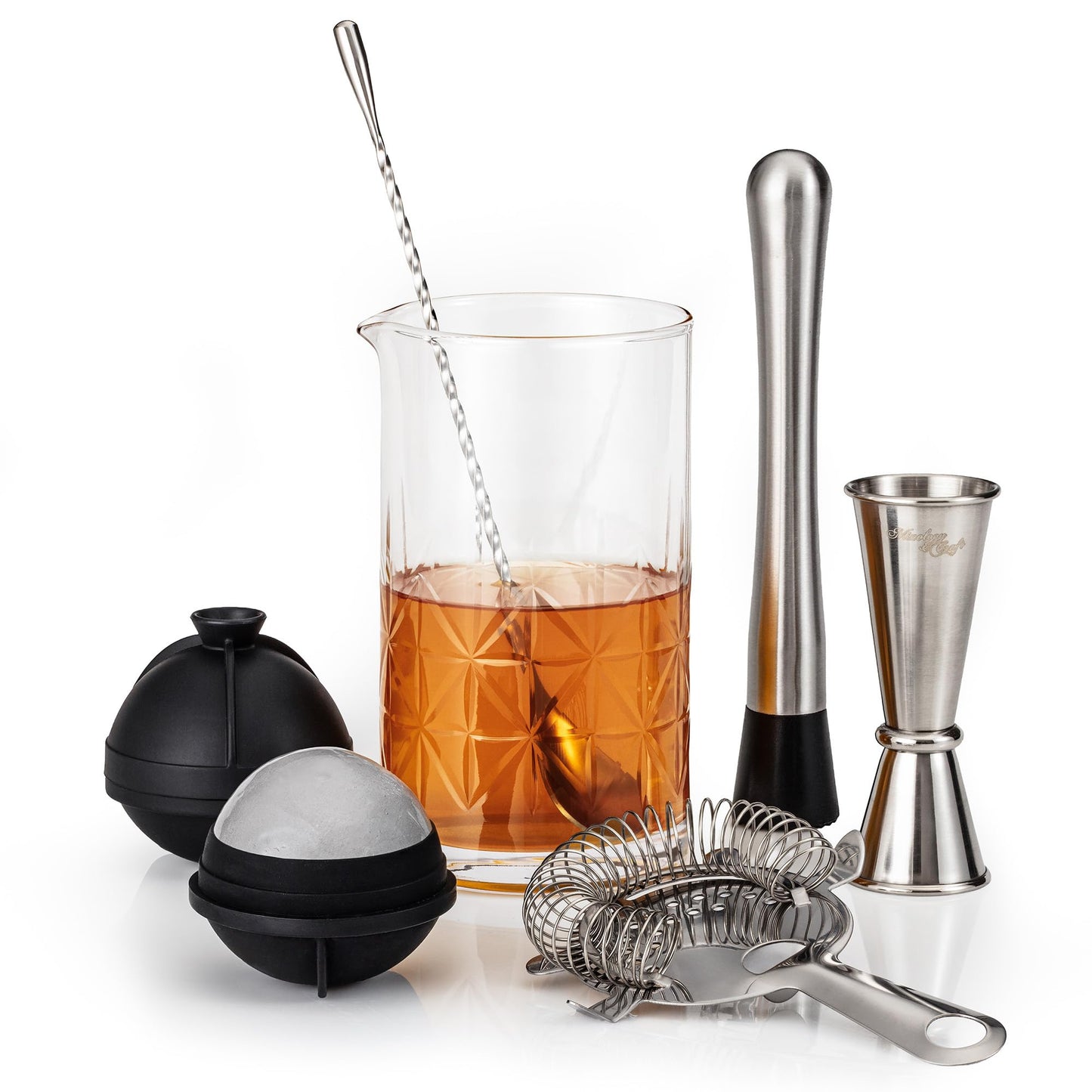 Mixology & Craft Commercial Grade Bar Mixing Glass – Includes 24oz Crystal Stirring Glass, Japanese Jigger, Bar Spoon, Muddler, and Hawthorne Strainer for Crafting Old Fashioned Cocktails at Home Bars