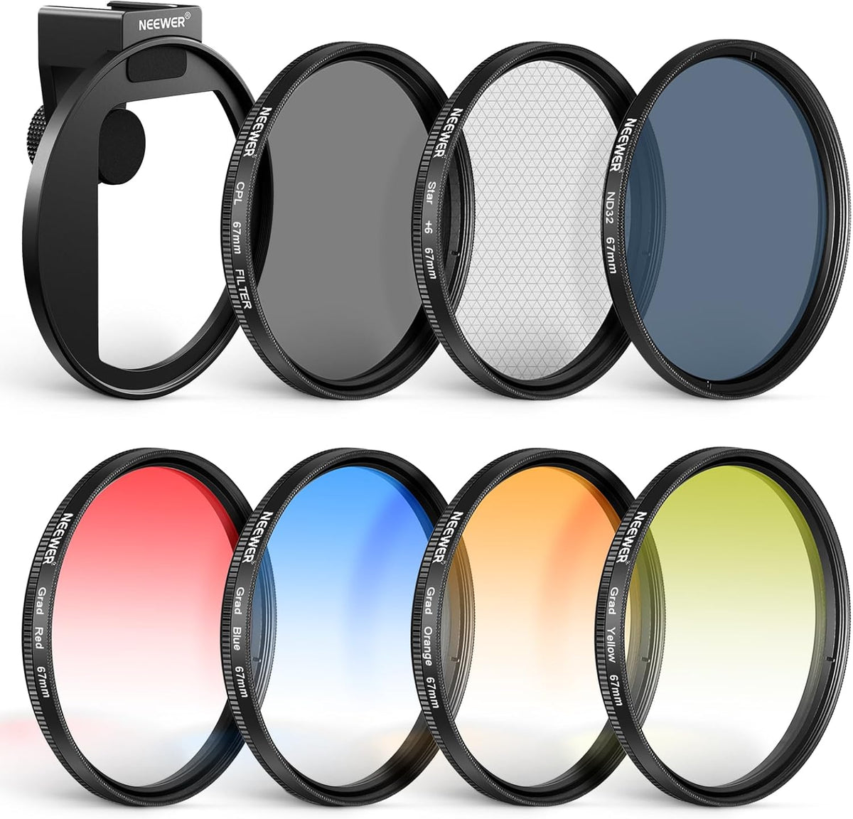 NEEWER Clip On 67mm Phone ND Filter Kit, Upgraded Lens Clip Cold Shoe Mount/Locking Knob, CPL/ND32/6 Point Star/4 Graduated Color Filter Compatible with iPhone 16 15 Pro Max Plus 14 13 Samsung S23 S24