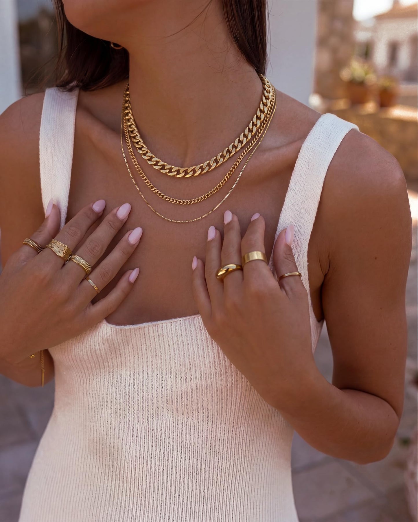 Freekiss Layered Gold Necklaces for Women - 3 Strands Chunky Cuban Chain and Dainty Choker Stack, Trendy Y2K Gold Jewelry Set, Adjustable Simple Party Gift
