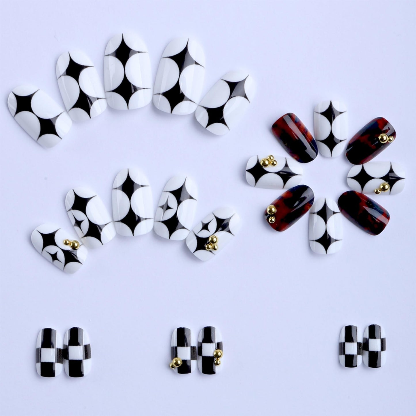 octoswave Press on Nails Short Almond Fake Nails Black and White Designs Artificial Nail 3D Rhinestones Charm Stick on Nail for Women 24pcs