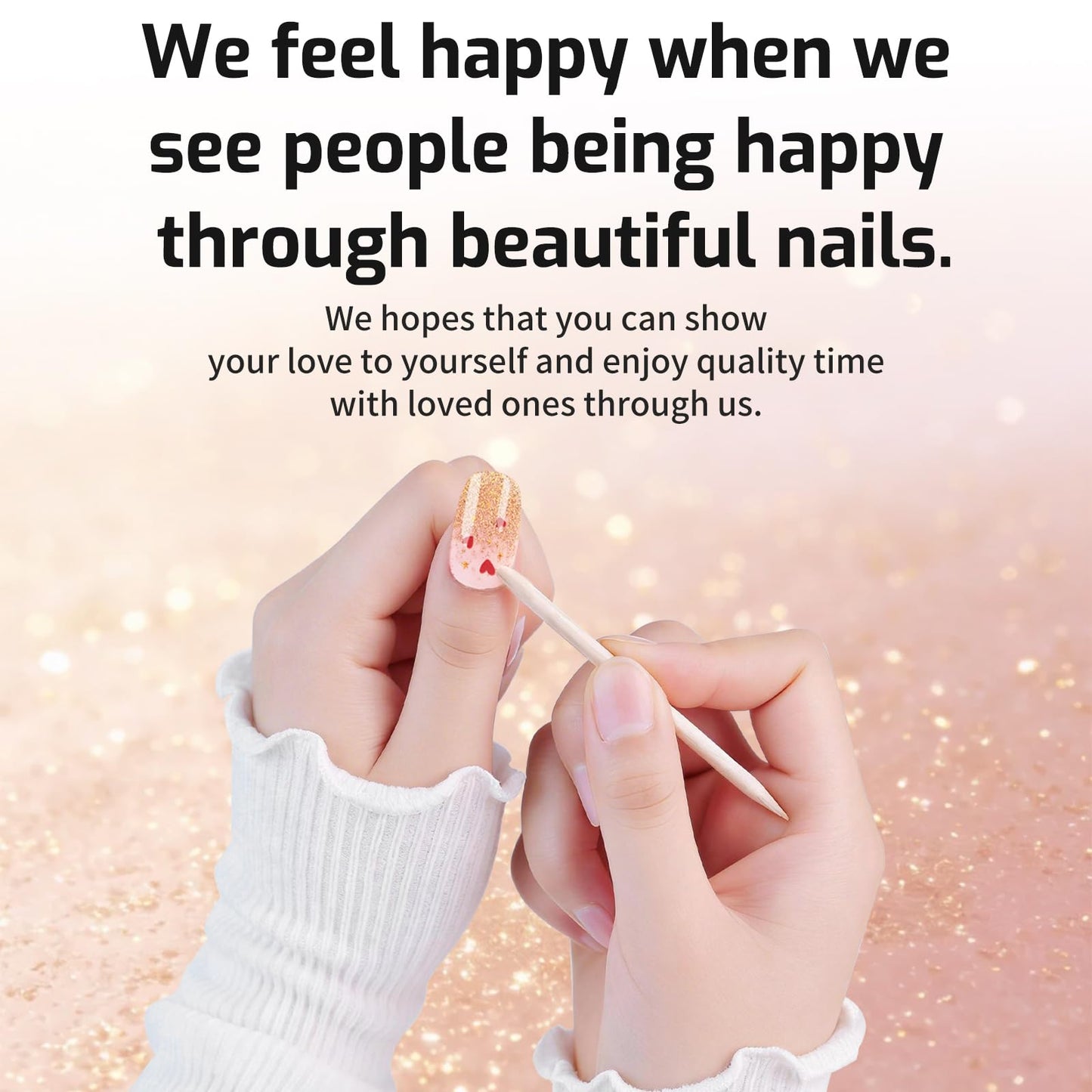 Semi Cured Gel Nail Strips -Nude Pink Glitter- Stylish Nail Wraps, No UV Light Needed, Effortless Application & Removal, Salon Quality, Includes 16 Wraps, 1 Prep Pad, Wooden Stick & Nail File