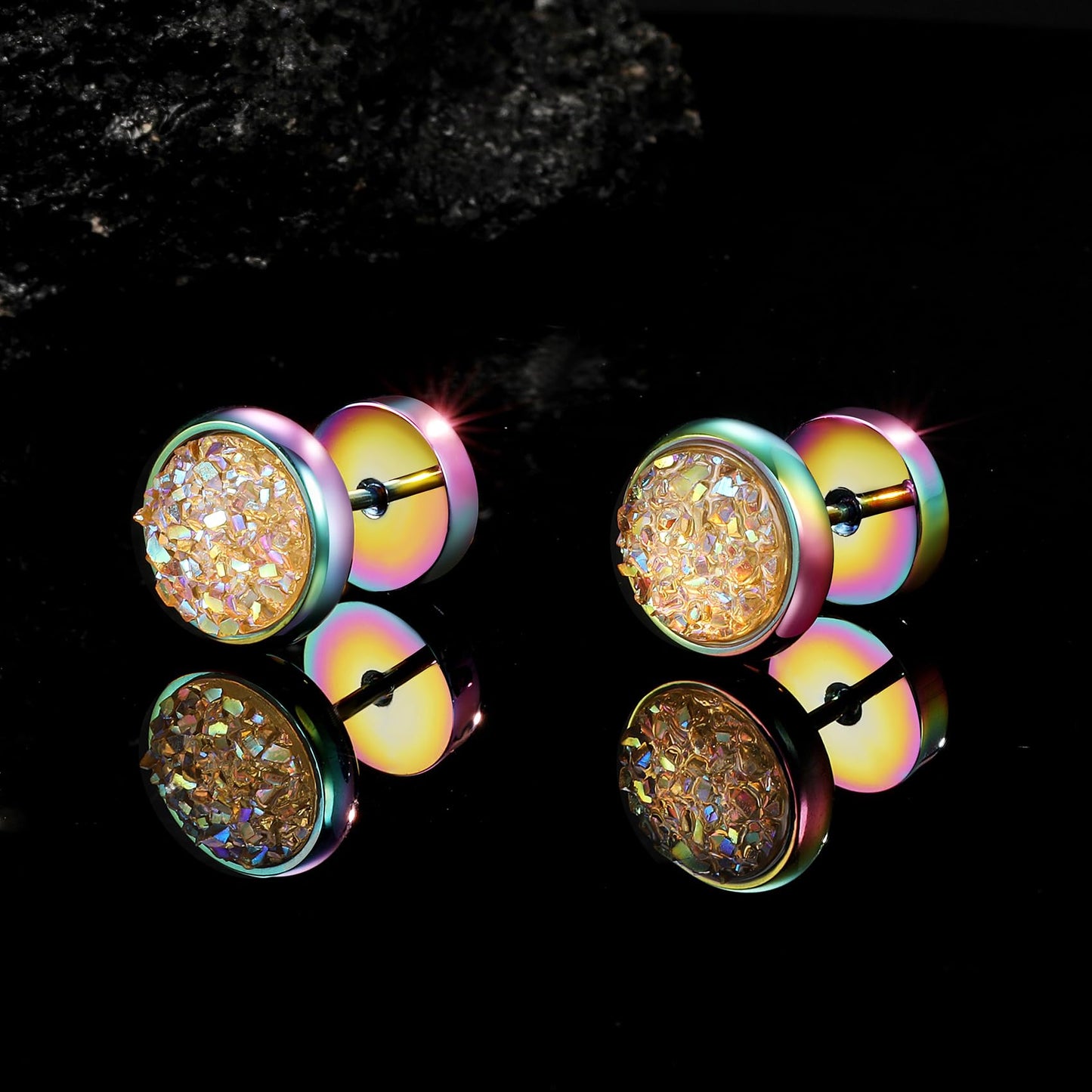 VOLUKA Crystal Stone Stud Earrings Flat Back Titanium Stainless Steel Hypoallergenic Cartilage Earrings Stud for Sensitive Ears Women Men(Yellow-Rainbow)