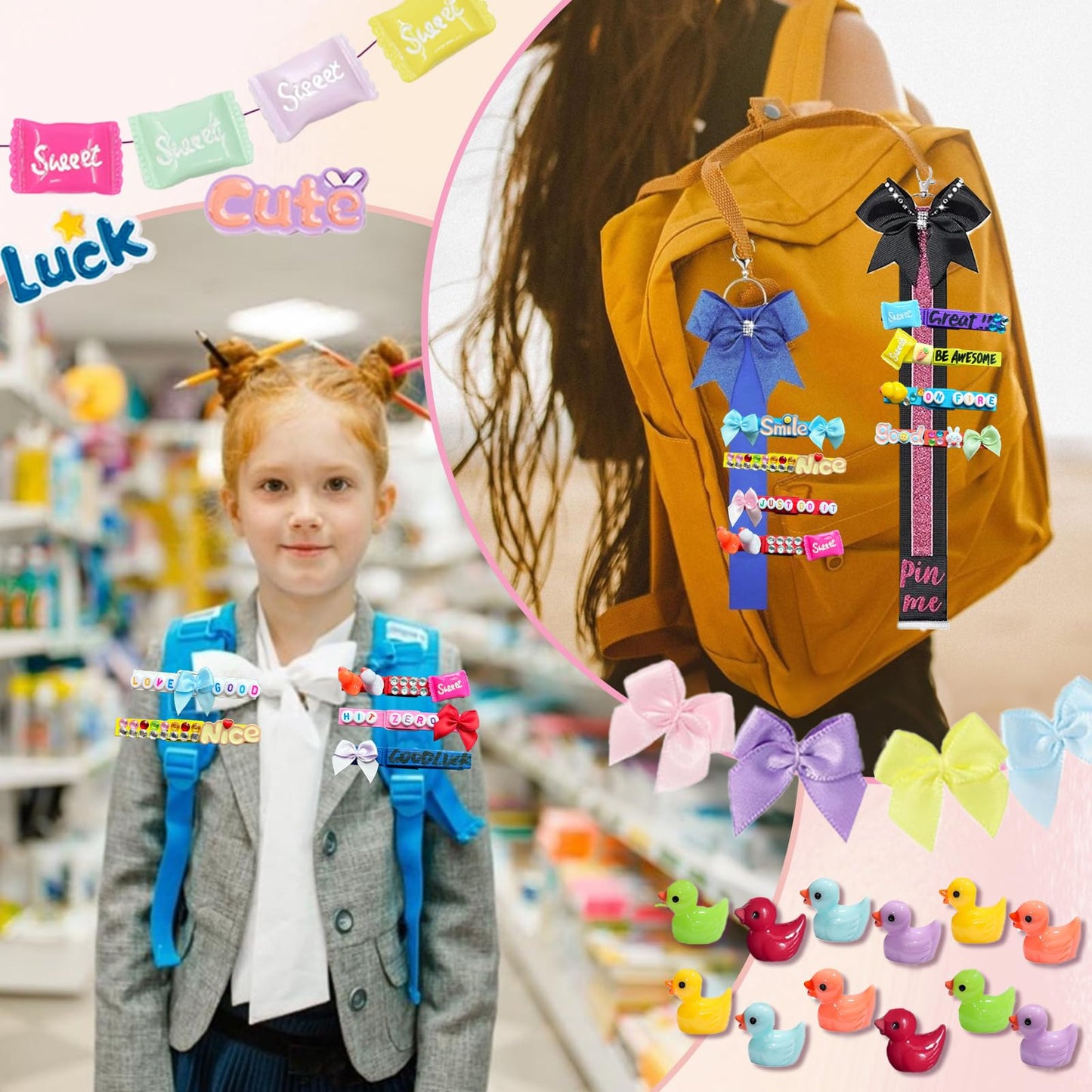 Hodvya 80 PCS Cheer Pins Spirit Clips Include 80 PCS Colored Wooden Clothes pins 99 Pcs Mini Resin Ducks Animals mini Bows and Stickers Pen 200 Beads Pearls Cheer pins for Cheerleaders