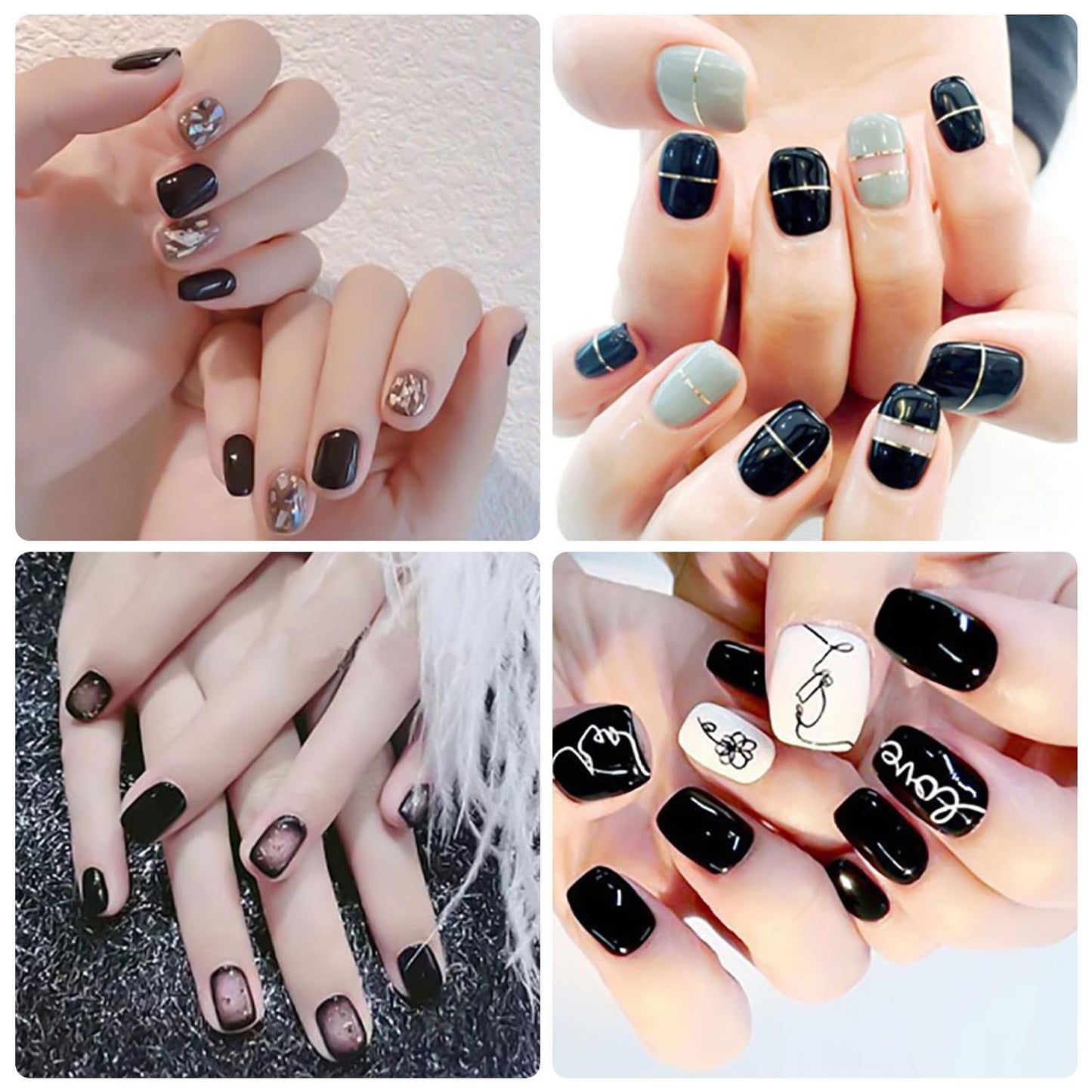 DANNEASY Black Nail Wraps Solid|Marble|French Tip Nail Polish Stickers for Women 40 Sheets, 560 Pieces, Self Adhesive Fingernail Sticker Nails with Nail File, Cuticle Stick