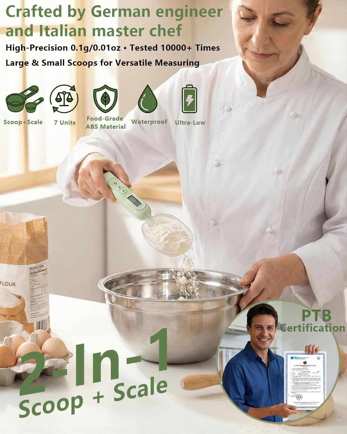 2026 Upgraded 2-In-1 Digital Measuring Spoon 【High-Precision 0.01oz/0.1g · Tested 10000+】 Baking Scale 【7-Unit】 Digital Kitchen Scale for Baking, Gram Scale for Weight Loss, Large & Small Scoop, Green