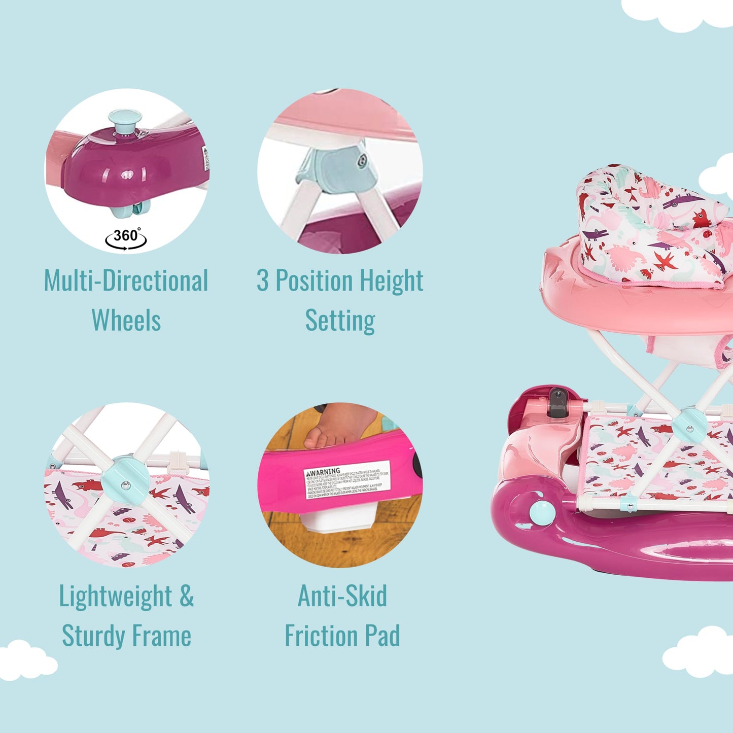 Dream On Me Baby Steps Baby Walker in Pink, Adjustable Three Position Height Setting, Removable Tray, Easy to Fold and Store Baby Walker