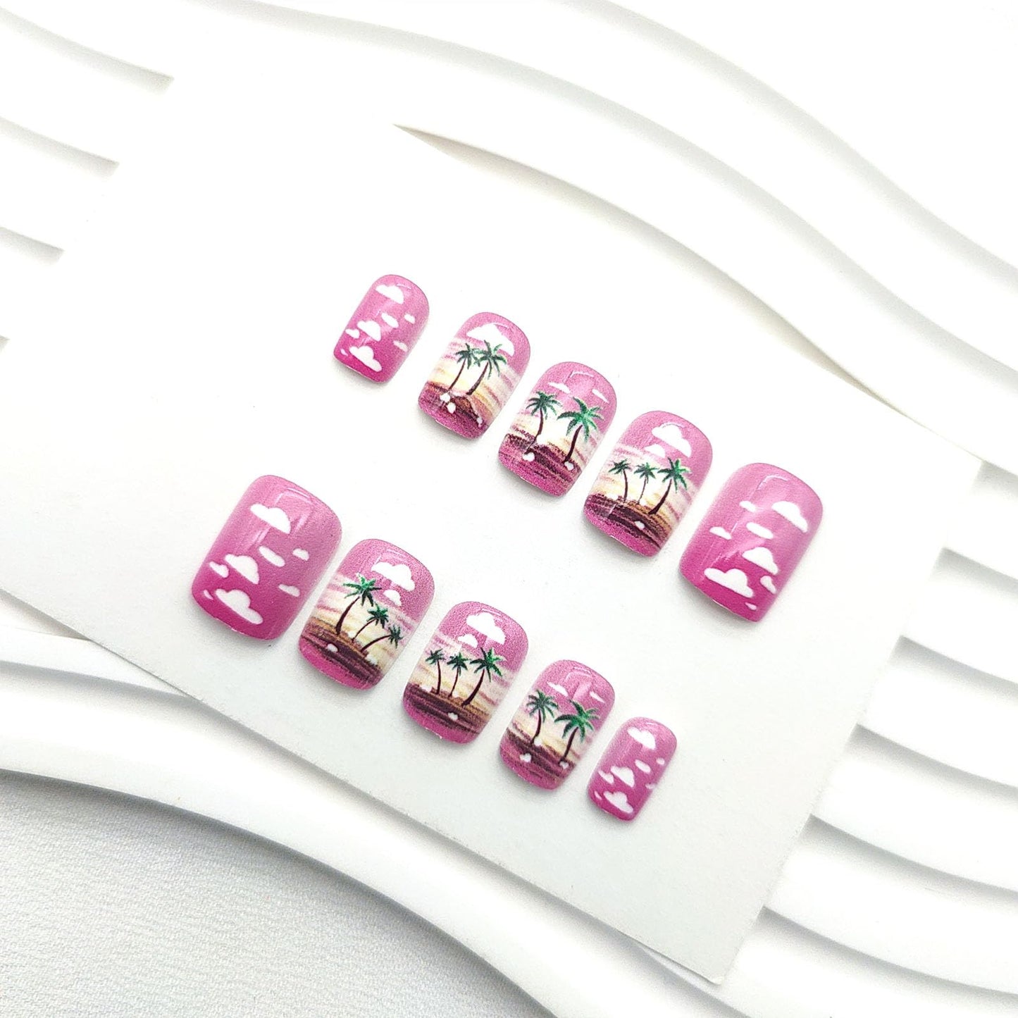 Pink Press on Nails Short Square Fake Nails with Palm Tree Designs Nails Press ons Ombre Glue on Nails Glossy Acrylic Nails Summer Stick on Nails for Women 24Pcs