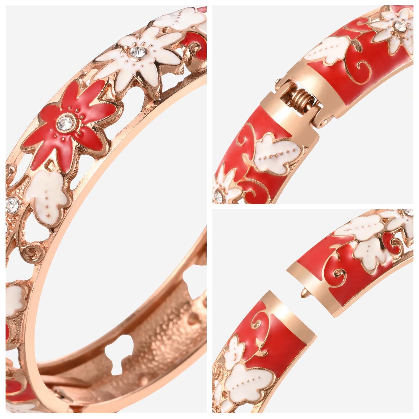 UJOY Vintage Jewelry Cloisonne Handcrafted Enameled Gorgeous Rhinestone Butterfly Gold Hinged Cuff Bracelet Bangles Gifts 88C11-3PCS red