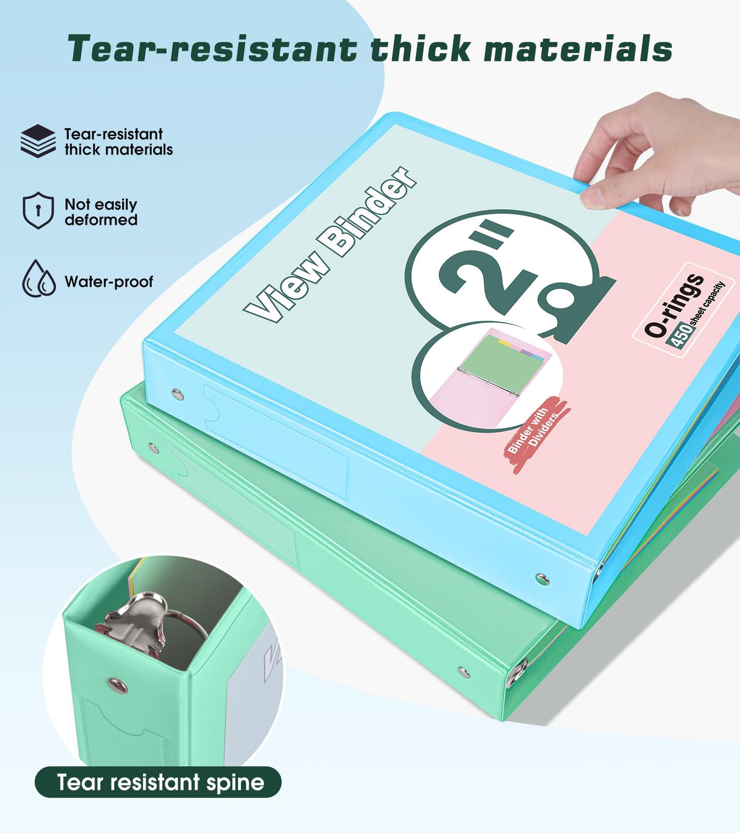 3 Ring Binder 2 inch，Cute Binder Organizer with 5 Tab Dividers Fits 175 Sheets of 8.5x11 Paper, Customizable Clear Cover with Inside Pockets, Aesthetic 2" Three Ring Binders for School Office，Green