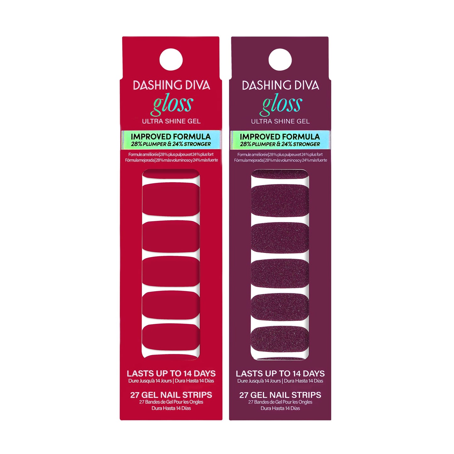 Dashing Diva Gloss Nail Strips Bundle - The Classic Reds Collection - Attention & Red Dahlia - UV Free, Chip Resistant, Long Lasting Gel Stickers - Contains 2 Sets
