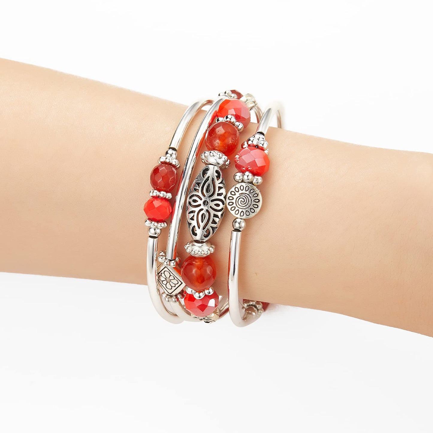 FULU AUTUMN Stackable Beaded Bracelets for Women Boho Wrap Silver Bracelet Layered Fashion Jewelry Gifts for Her(Bright orange)