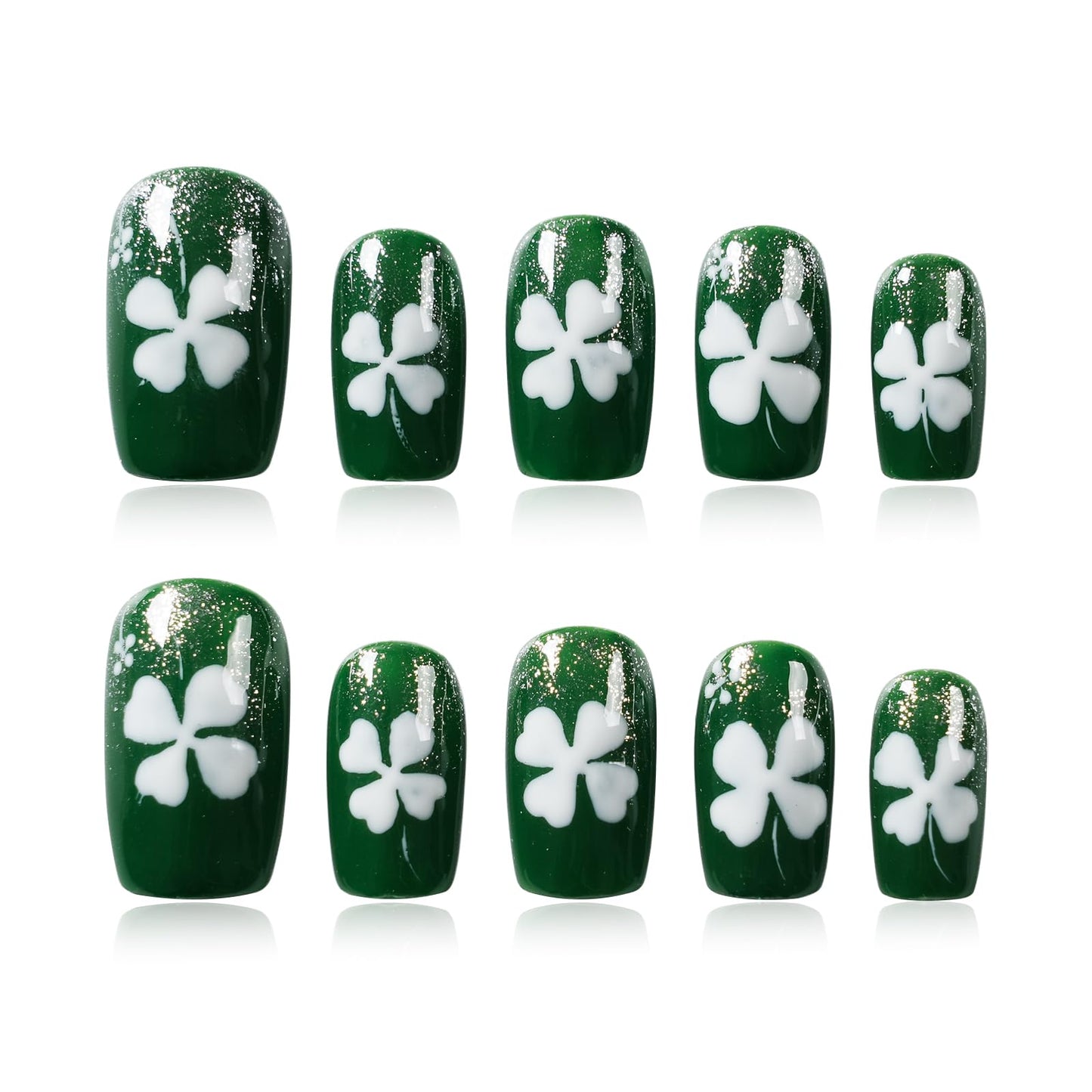 Tesytto Medium Square Press On Nails Acrylic Green Fake Nails with Silver Glitter Design & White Clover Print, Stick on Nails for Women (Size L)