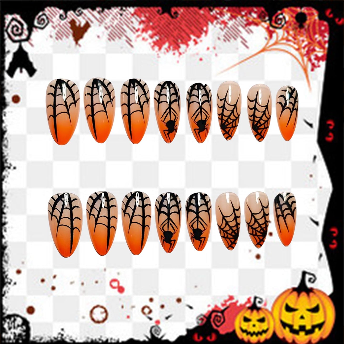 CJDLTS Halloween Spider Press on Nails Medium Almond Black Spider Web Spider Design Orange Gradient Halloween Nail Artificial Acrylic False Nails Full Cover Glossy Glue on Nails for Women 24Pcs